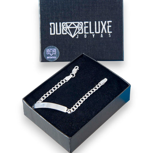 Niño | Pulsera Esclava Tejido Barbada Cubana Lisa 4 mm, Para Niño, De Plata Autentica Ley .925, Con Grabado, DUO DELUXE JOYAS