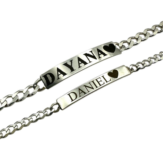 Parejas | Duo De Esclavas Tejido Barbada Cubana Lisa Para Parejas, De Plata Autentica Ley .925, Con Grabado, DUO DELUXE JOYAS