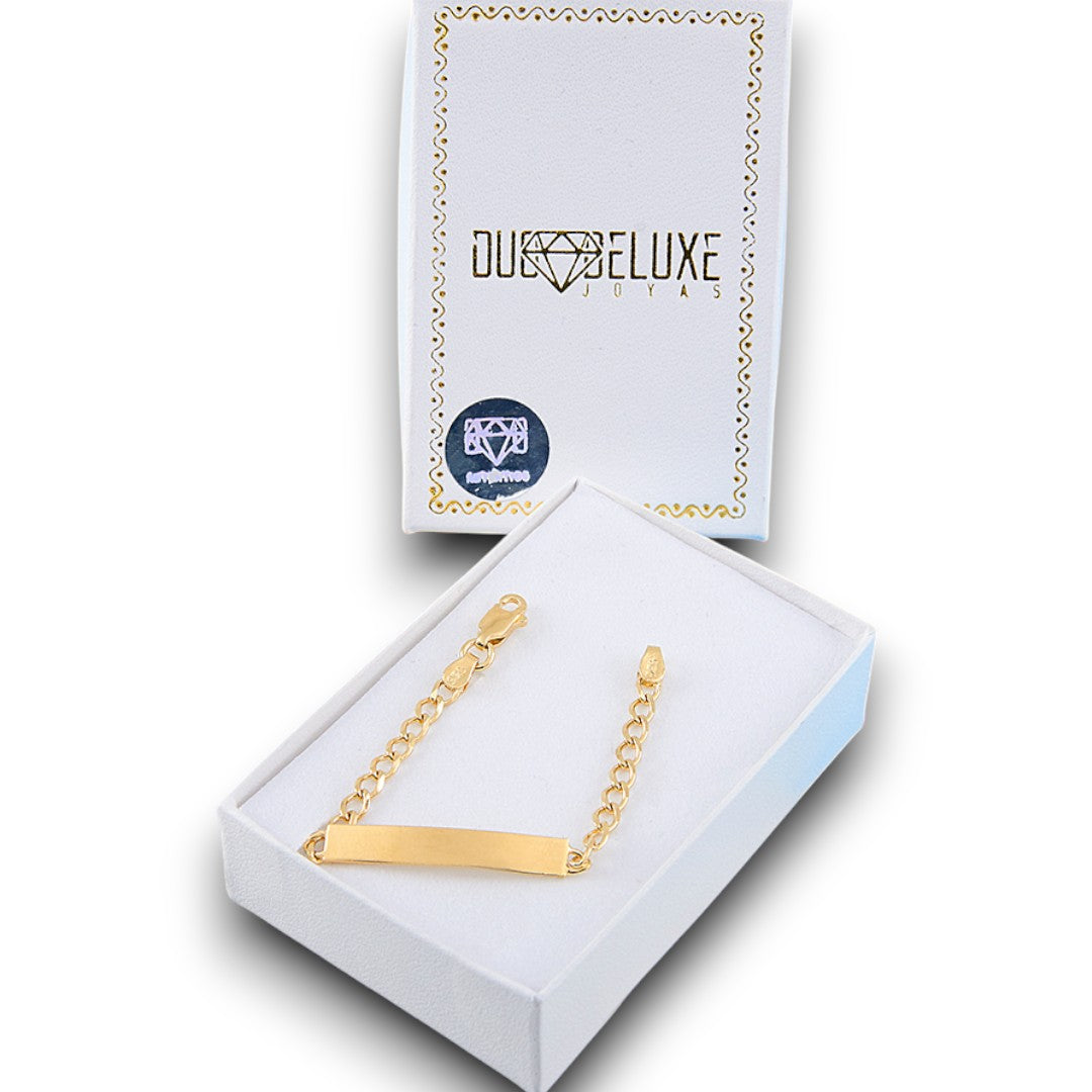 Bebé | Esclava Tejido Barbada Cubana Lisa 3 mm, Pulsera Para Bebé, De Plata Autentica Ley .925 Con Baño De Oro Italiano 24k, Con Grabado, DUO DELUXE JOYAS