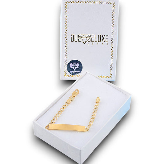 Bebé | Esclava Tejido Barbada Cubana Lisa 3 mm, Pulsera Para Bebé, De Plata Autentica Ley .925 Con Baño De Oro Italiano 24k, Con Grabado, DUO DELUXE JOYAS