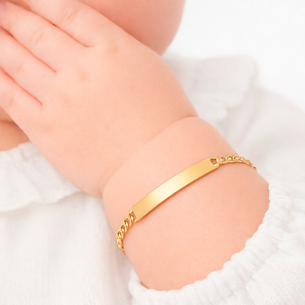 Bebé | Esclava Tejido Barbada Cubana Lisa 3 mm, Pulsera Para Bebé, De Plata Autentica Ley .925 Con Baño De Oro Italiano 24k, Con Grabado, DUO DELUXE JOYAS