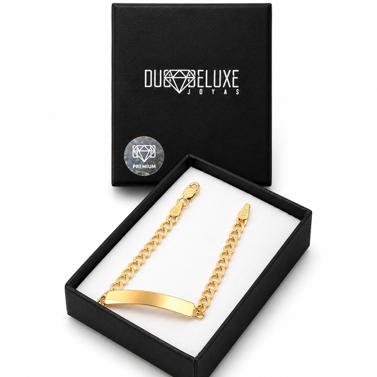 Niño | Pulsera Esclava Tejido Barbada Cubana Lisa 4 mm, Para Niño, De Plata Autentica Ley .925 Con Baño De Oro Italiano 24k, Con Grabado, DUO DELUXE JOYAS