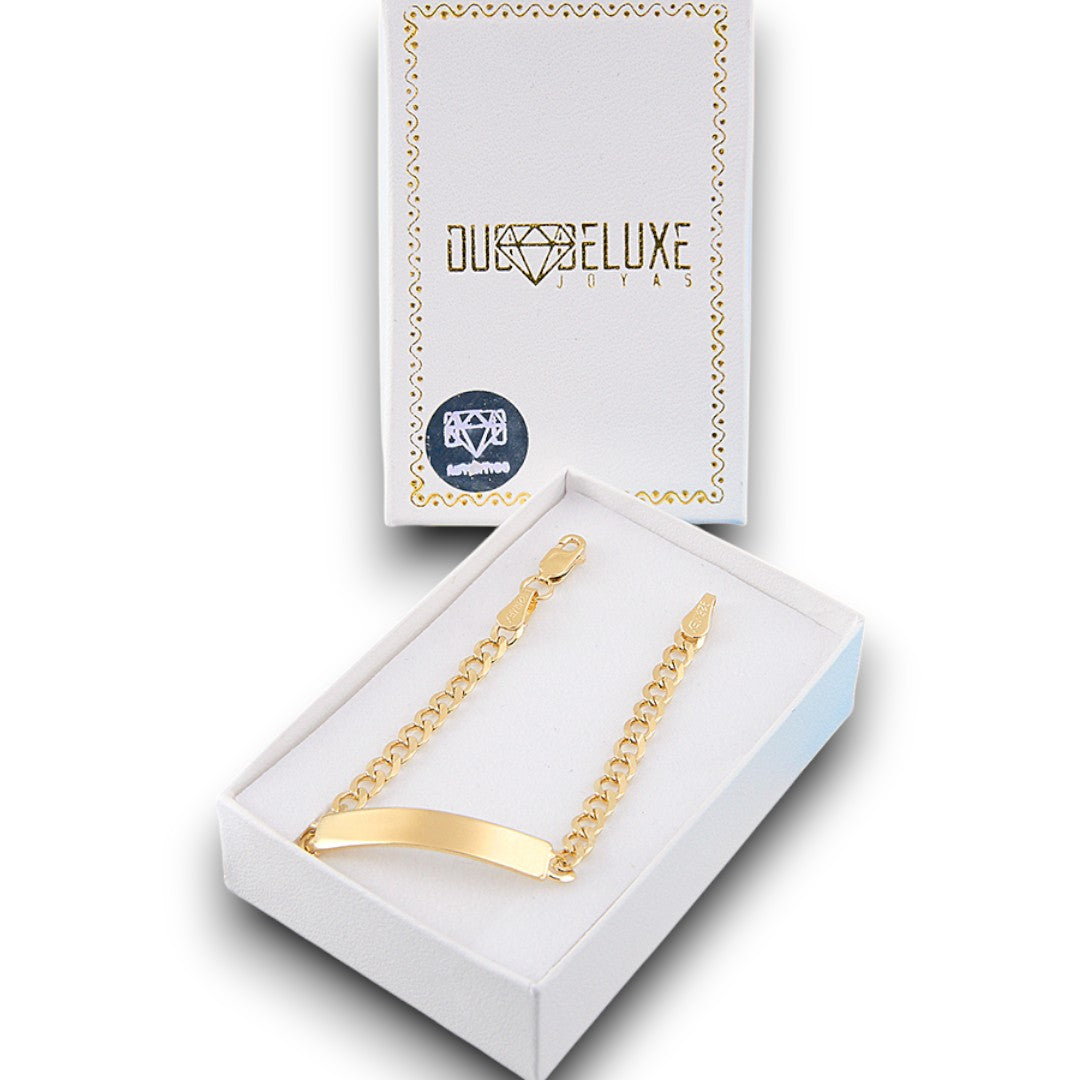 Niño | Pulsera Esclava Tejido Barbada Cubana Lisa 4 mm, Para Niño, De Plata Autentica Ley .925 Con Baño De Oro Italiano 24k, Con Grabado, DUO DELUXE JOYAS