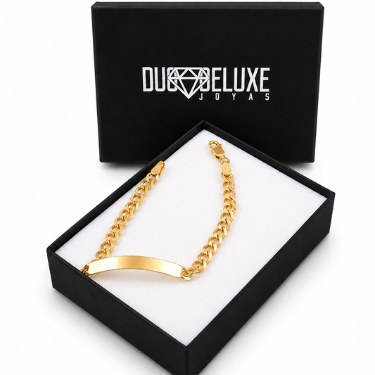 Mujer | Esclava Tejido Barbada Cuabana Lisa 5 mm, Pulsera Para Mujer, De Plata Autentica Ley .925 Con Baño De Oro Italiano 24k, Con Grabado, DUO DELUXE JOYAS