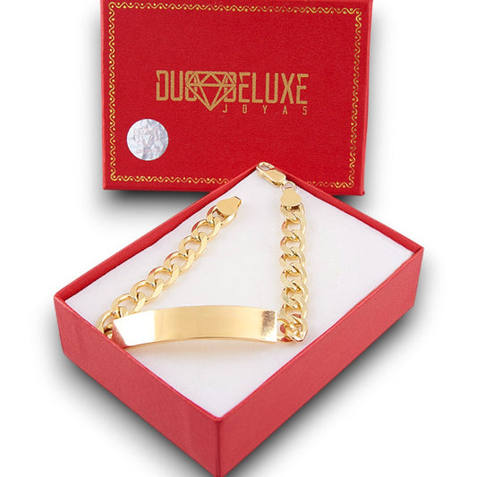 Unisex | Esclava Tejido Barbada Cubana Lisa 8 mm, Pulsera Para Hombre Y Mujer, De Plata Autentica Ley .925 Con Baño De Oro Italiano 24k, Con Grabado, DUO DELUXE JOYAS