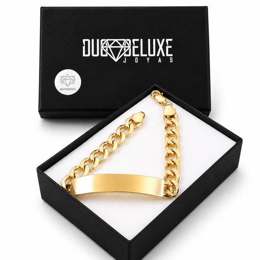 Unisex | Esclava Tejido Barbada Cubana Lisa 8 mm, Pulsera Para Hombre Y Mujer, De Plata Autentica Ley .925 Con Baño De Oro Italiano 24k, Con Grabado, DUO DELUXE JOYAS