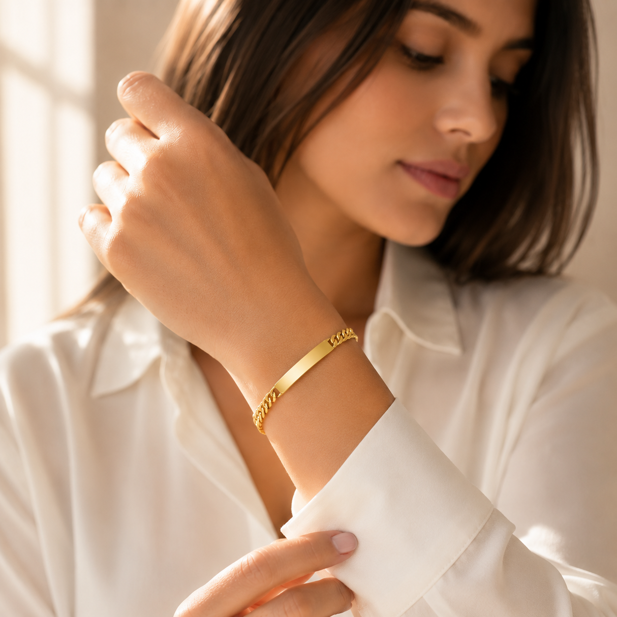 Mujer | Esclava Tejido Barbada Cubana Lisa 4 mm, Pulsera Para Dama De Chapa de Oro 18k Premium, Con Grabado, DUO DELUXE JOYAS