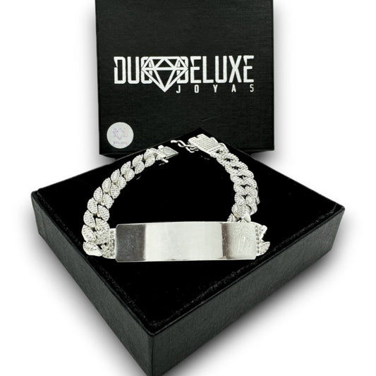 Unisex | Pulsera Esclava Tejido Barbada Cubana Diamantada Con Zirconias 10 mm, Para Hombre Y Mujer, De Plata Autentica Ley .925, Con Grabado, DUO DELUXE JOYAS