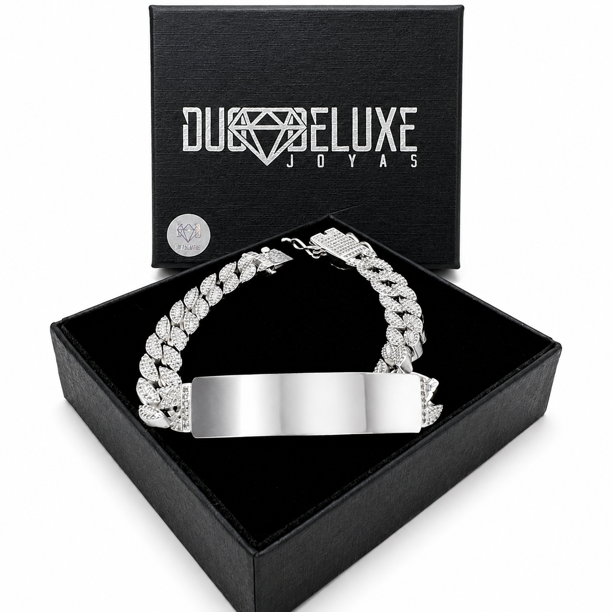 Unisex | Pulsera Esclava Tejido Barbada Cubana Diamantada Con Zirconias 10 mm, Para Hombre Y Mujer, De Plata Autentica Ley .925, Con Grabado, DUO DELUXE JOYAS