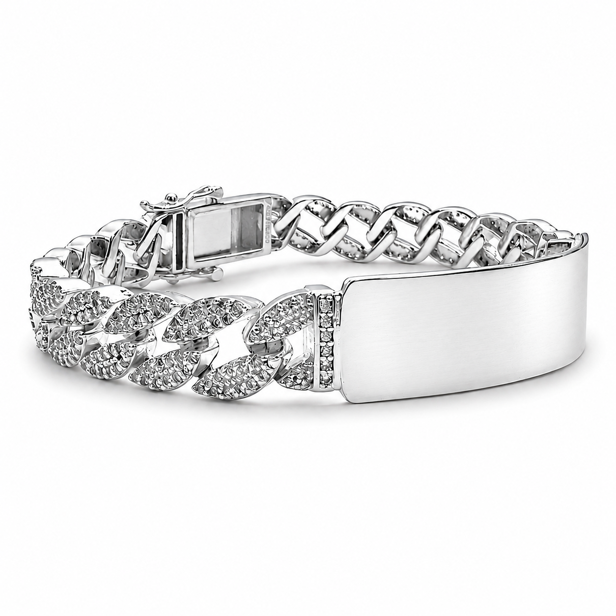 Unisex | Pulsera Esclava Tejido Barbada Cubana Diamantada Con Zirconias 10 mm, Para Hombre Y Mujer, De Plata Autentica Ley .925, Con Grabado, DUO DELUXE JOYAS
