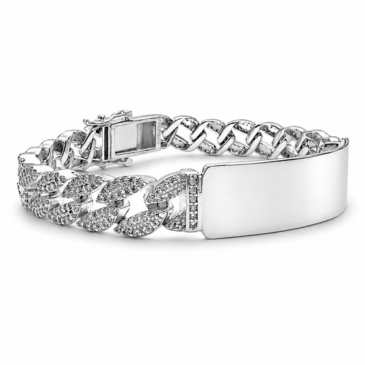Unisex | Pulsera Esclava Tejido Barbada Cubana Diamantada Con Zirconias 10 mm, Para Hombre Y Mujer, De Plata Autentica Ley .925, Con Grabado, DUO DELUXE JOYAS