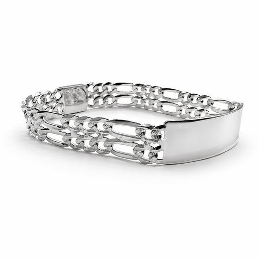 Unisex | Esclava Tejido Figaro 3:1 Diamantada Doble Eslabón 12 mm, Pulsera Para Hombre Y Mujer, De Plata Autentica Ley .925, Con Grabado, DUO DELUXE JOYAS