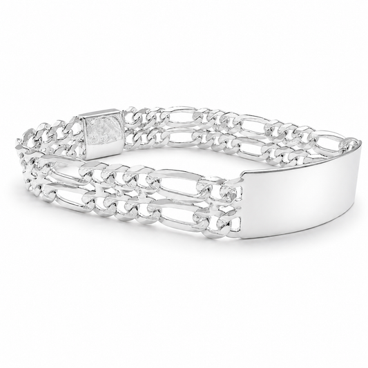 Unisex | Esclava Tejido Figaro 3:1 Diamantada Doble Eslabón 12 mm, Pulsera Para Hombre Y Mujer, De Plata Autentica Ley .925, Con Grabado, DUO DELUXE JOYAS