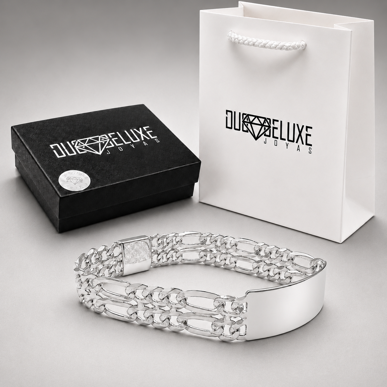 Unisex | Esclava Tejido Figaro 3:1 Diamantada Doble Eslabón 12 mm, Pulsera Para Hombre Y Mujer, De Plata Autentica Ley .925, Con Grabado, DUO DELUXE JOYAS