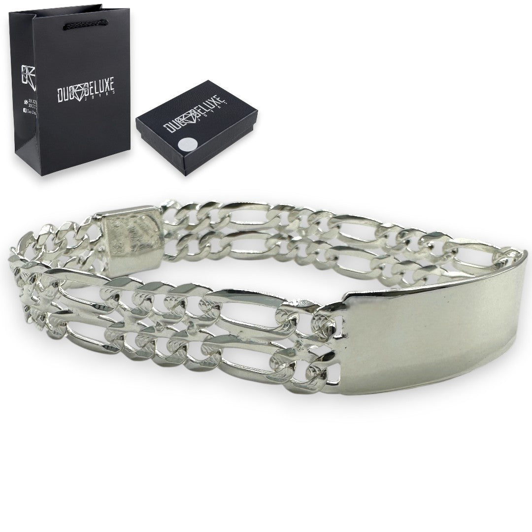 Unisex | Esclava Tejido Cartier Figaro 3:1 Diamantada Doble Eslabón 12 mm, Pulsera Para Hombre Y Mujer, De Plata Autentica Ley .925, Con Grabado, DUO DELUXE JOYAS
