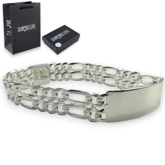 Unisex | Esclava Tejido Cartier Figaro 3:1 Diamantada Doble Eslabón 12 mm, Pulsera Para Hombre Y Mujer, De Plata Autentica Ley .925, Con Grabado, DUO DELUXE JOYAS