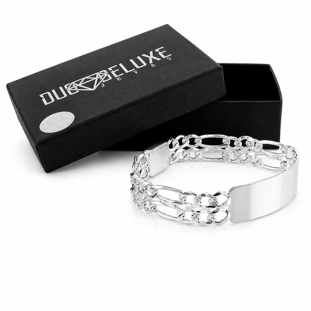Unisex | Esclava Tejido Figaro 3:1 Diamantada Doble Eslabón 12 mm, Pulsera Para Hombre Y Mujer, De Plata Autentica Ley .925, Con Grabado, DUO DELUXE JOYAS