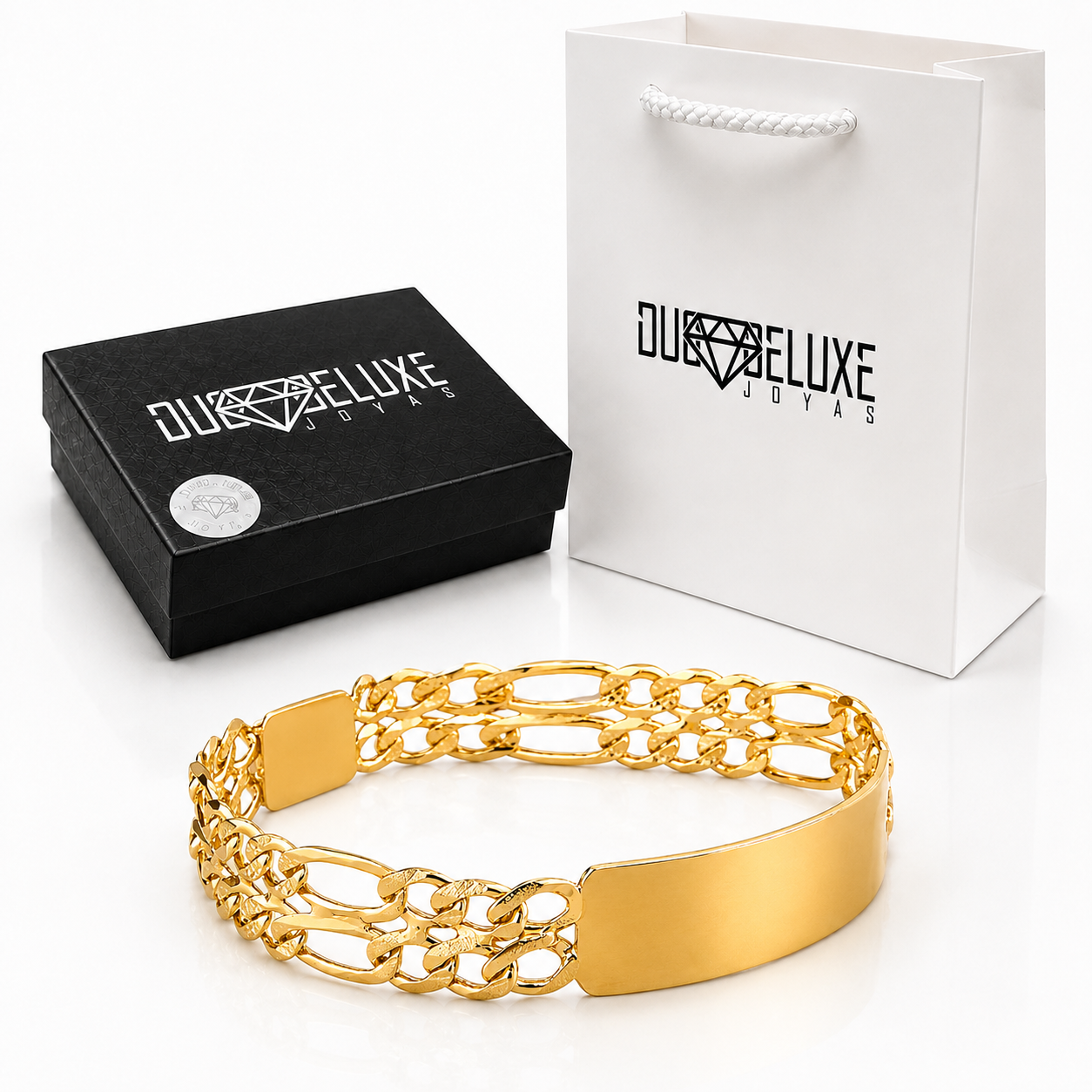 Unisex | Esclava Tejido Figaro 3:1 Doble Eslabon 12 mm, Pulsera Para Hombre Y Mujer, De Plata Autentica Ley .925 Con Baño De Oro Italiano 24k, Con Grabado, DUO DELUXE JOYAS