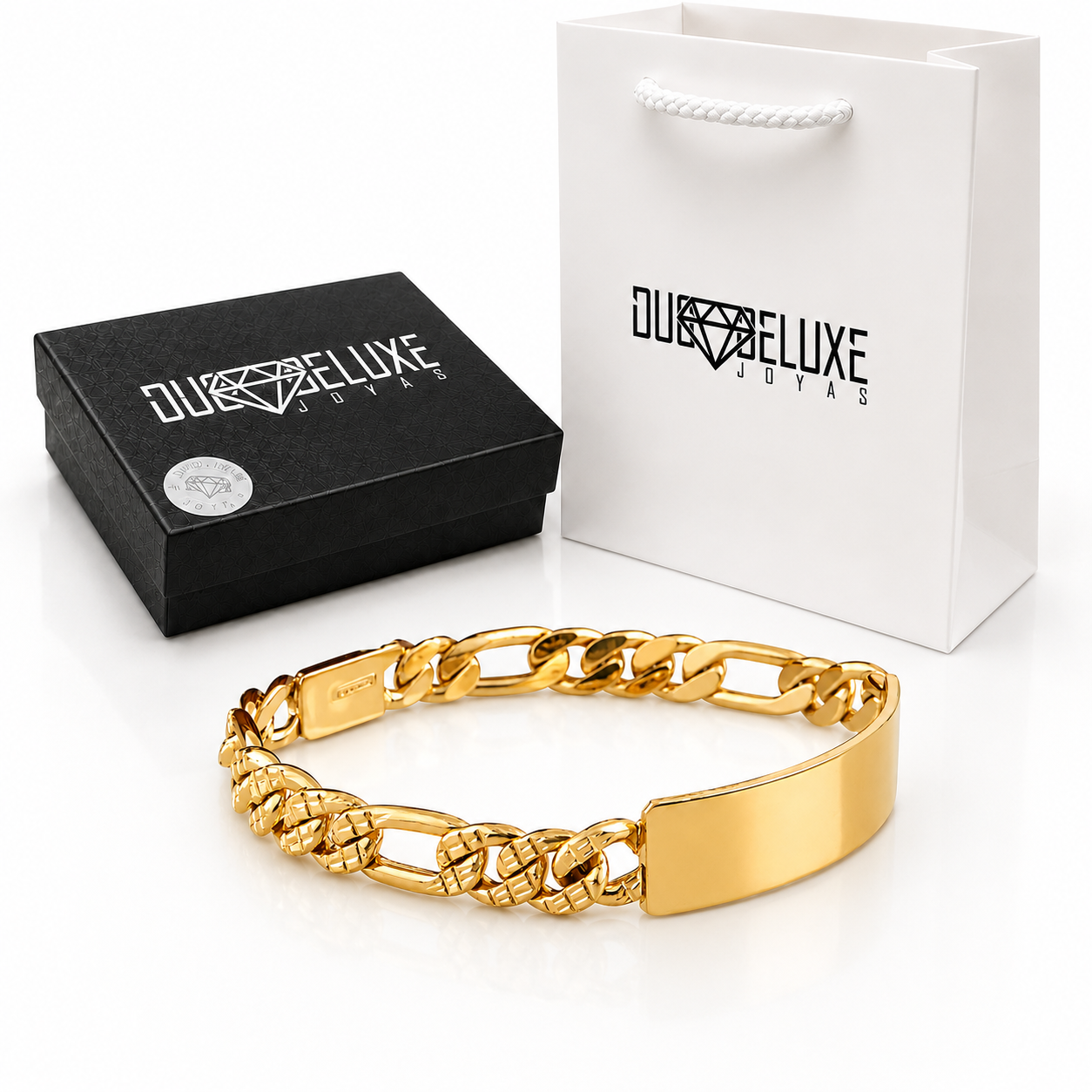 Unisex | Esclava Tejido Figaro 3:1 Diamantada HM 8 mm, Pulsera Para Hombre Y Mujer, De Plata Autentica Ley .925 Con Baño De Oro Italiano 24k, Con Grabado, DUO DELUXE JOYAS