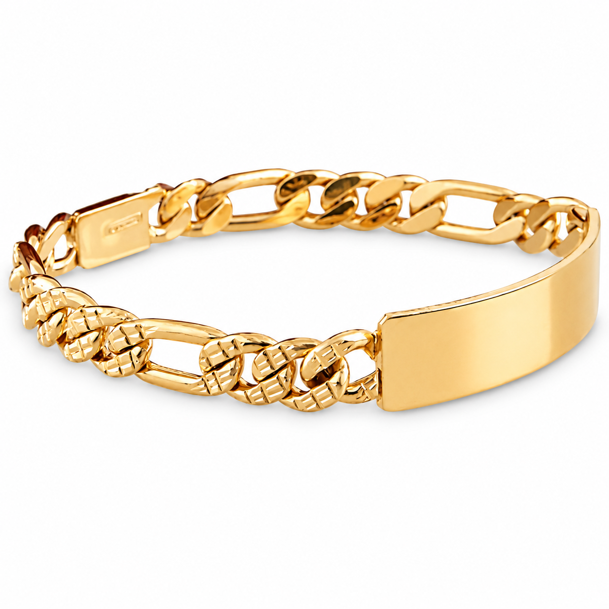 Unisex | Esclava Tejido Figaro 3:1 Diamantada HM 8 mm, Pulsera Para Hombre Y Mujer, De Plata Autentica Ley .925 Con Baño De Oro Italiano 24k, Con Grabado, DUO DELUXE JOYAS