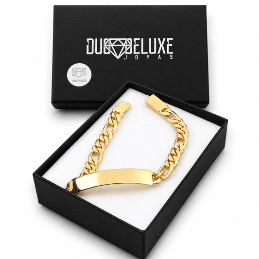 Unisex | Esclava Tejido Figaro 3:1 Lisa HM 7 mm, Pulsera Para Hombre Y Mujer, De Plata Autentica Ley .925 Con Baño De Oro Italiano 24k, Con Grabado, DUO DELUXE JOYAS