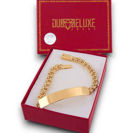 Unisex | Esclava Tejido Chino 7 mm, Pulsera Para Hombre Y Mujer, De Plata Autentica Ley .925 Con Baño De Oro Italiano 24k, Con Grabado, DUO DELUXE JOYAS