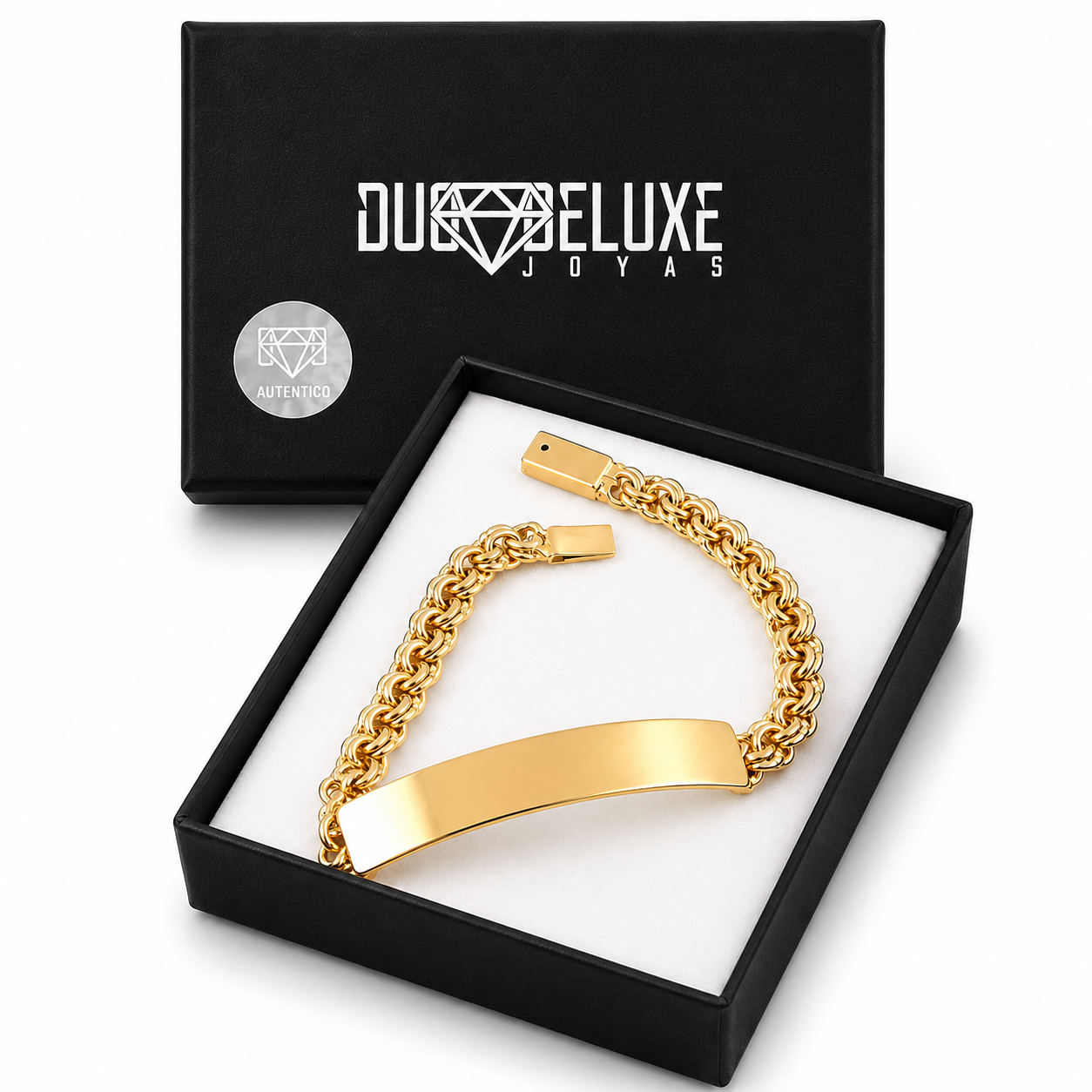 Unisex | Esclava Tejido Chino 7 mm, Pulsera Para Hombre Y Mujer, De Plata Autentica Ley .925 Con Baño De Oro Italiano 24k, Con Grabado, DUO DELUXE JOYAS