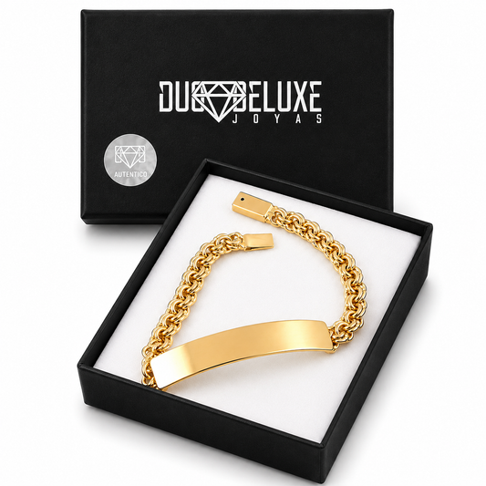 Unisex | Esclava Tejido Chino 7 mm, Pulsera Para Hombre Y Mujer, De Plata Autentica Ley .925 Con Baño De Oro Italiano 24k, Con Grabado, DUO DELUXE JOYAS