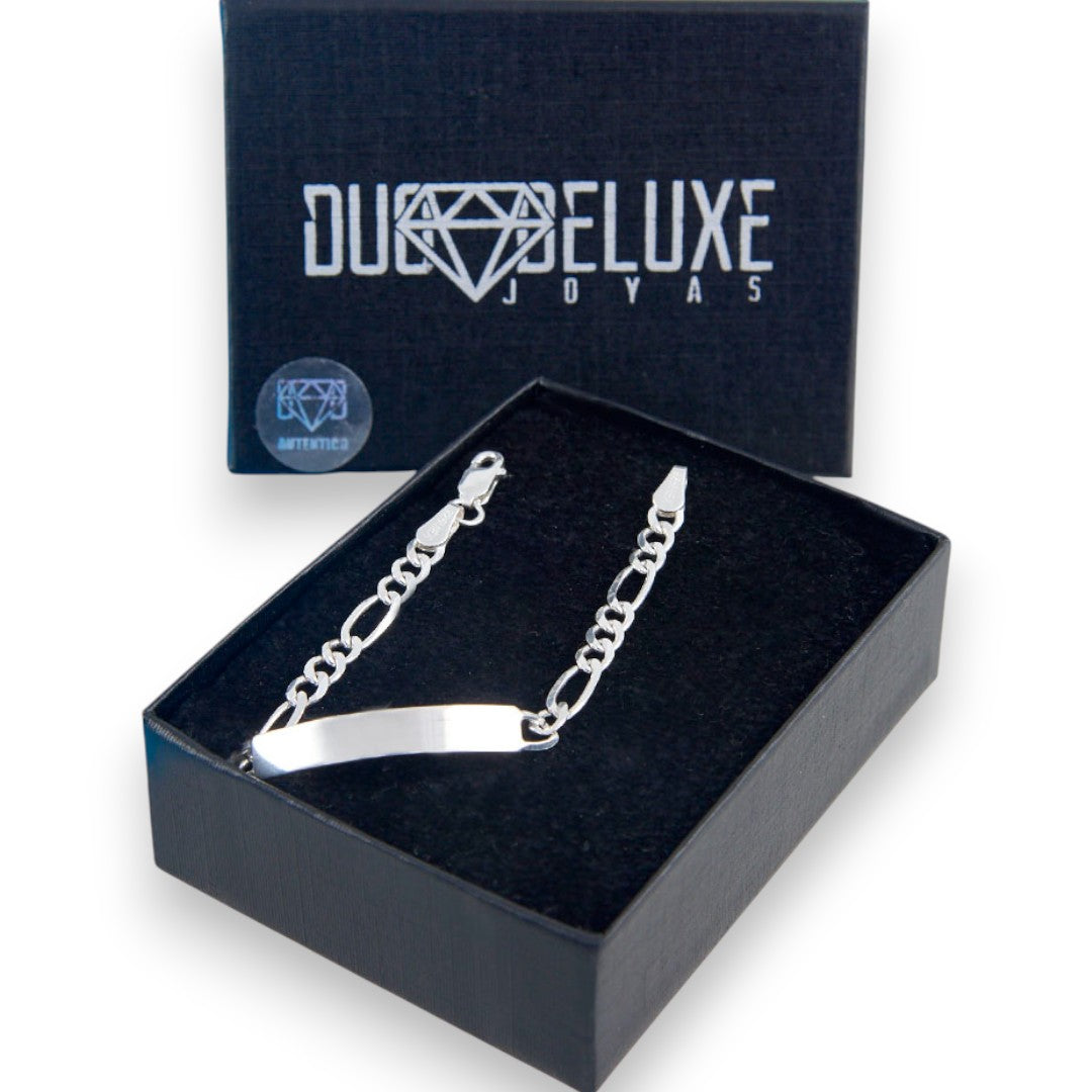 Niño | Pulsera Esclava Tejido Cartier Figaro 3:1 Lisa 4 mm, Para Niño, De Plata Autentica Ley .925, Con Grabado, DUO DELUXE JOYAS