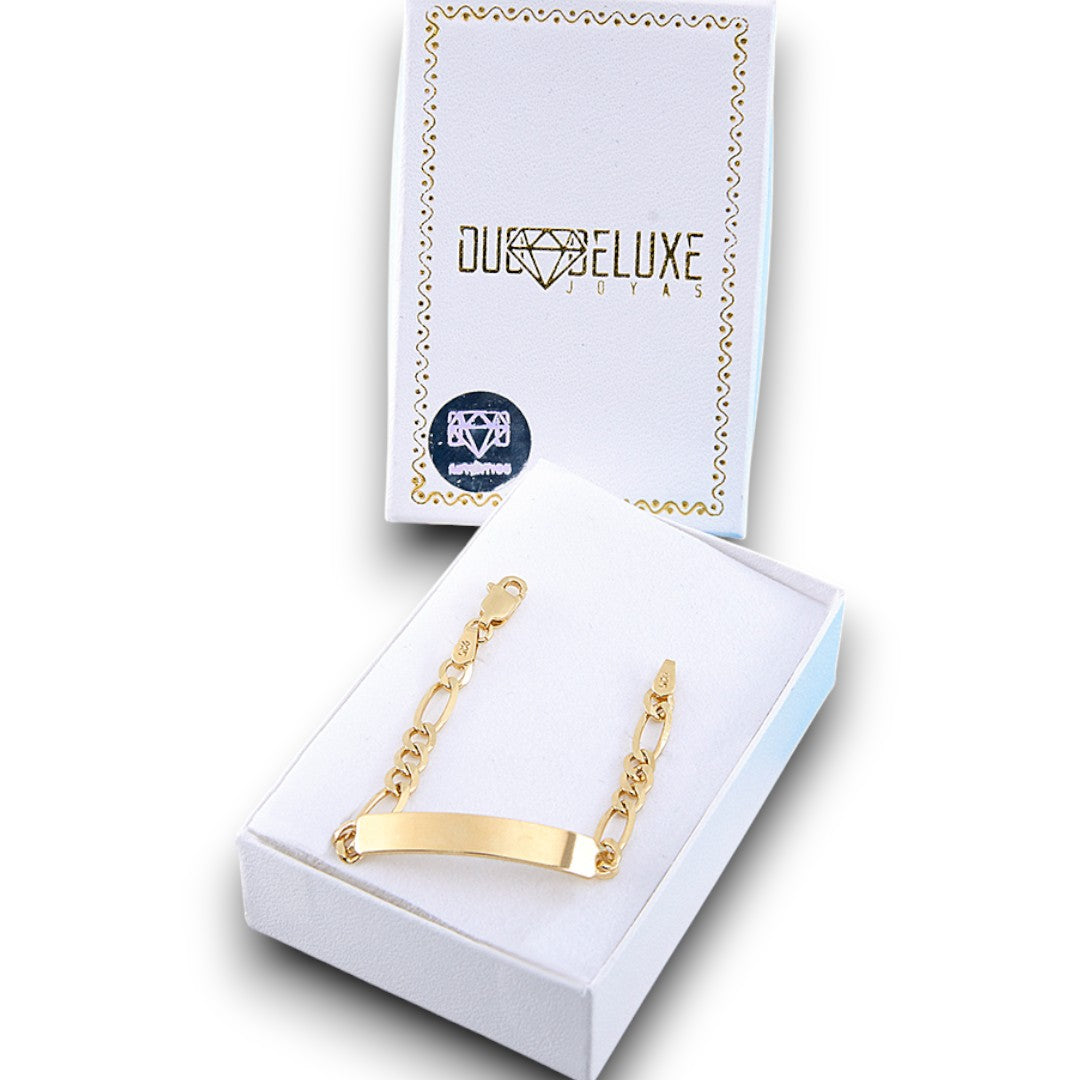 Bebé | Esclava Tejido Cartier Figaro 3:1 Lisa 4 mm, Pulsera Para Bebé, De Plata Autentica Ley .925 Con Baño De Oro Italiano 24k, Con Grabado, DUO DELUXE JOYAS