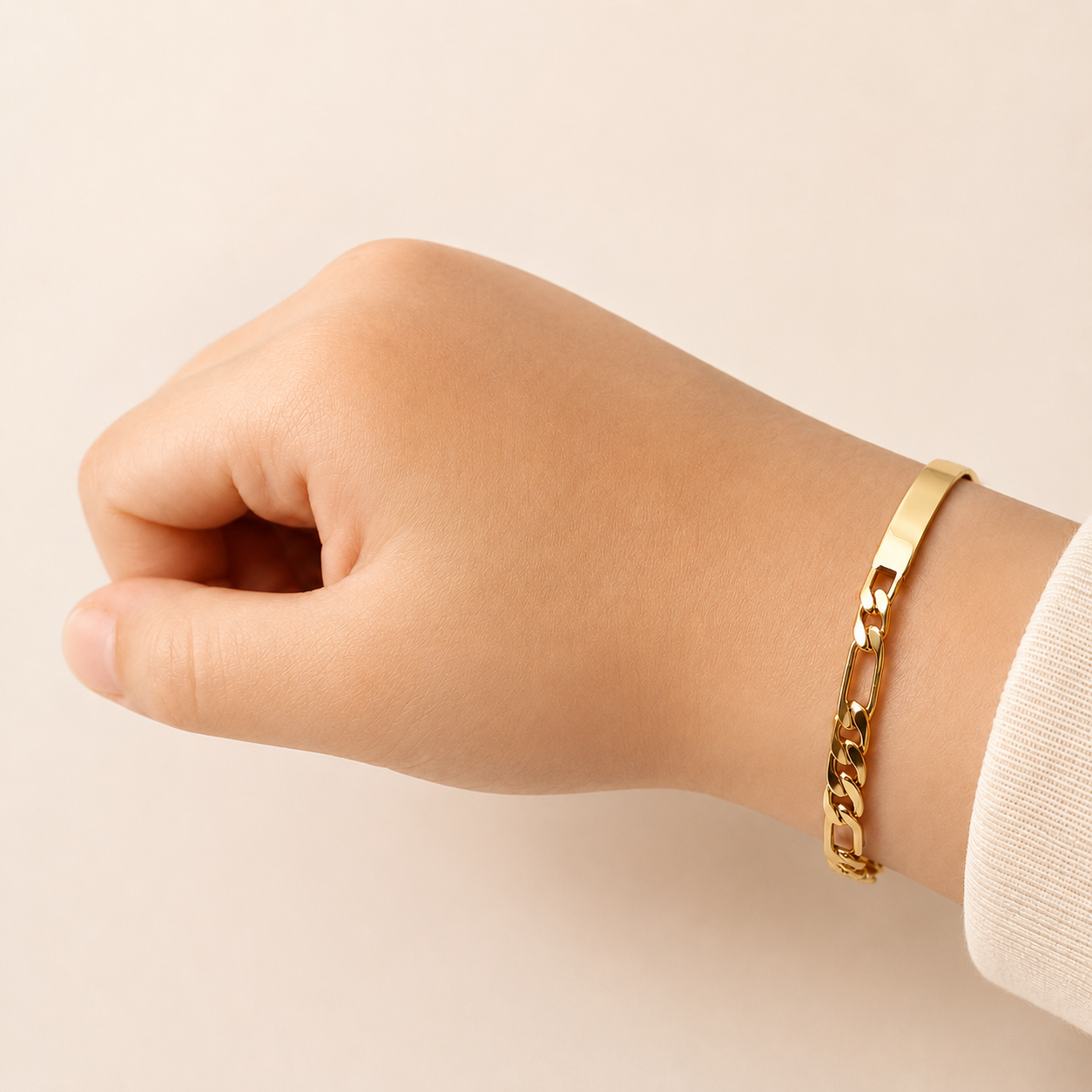 Bebé | Esclava Tejido Figaro 3:1 Lisa 4 mm, Pulsera Para Bebé, De Plata Autentica Ley .925 Con Baño De Oro Italiano 24k, Con Grabado, DUO DELUXE JOYAS