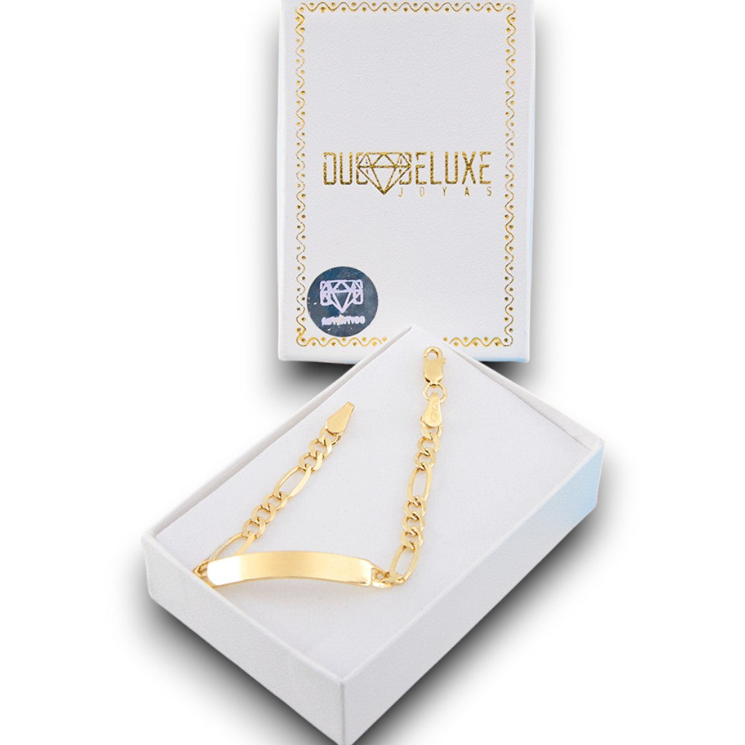 Niño | Pulsera Esclava Tejido Cartier Figaro 3:1 Lisa 4 mm, Para Niño, De Plata Autentica Ley .925 Con Baño De Oro Italiano 24k, Con Grabado, DUO DELUXE JOYAS