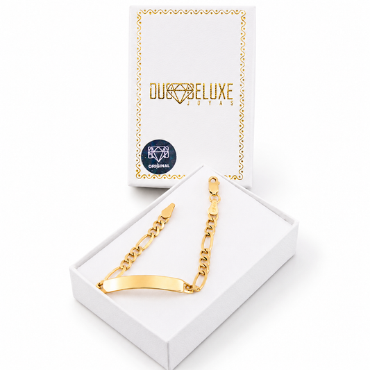 Niño | Pulsera Esclava Tejido Figaro 3:1 Lisa 4 mm, Para Niño, De Plata Autentica Ley .925 Con Baño De Oro Italiano 24k, Con Grabado, DUO DELUXE JOYAS