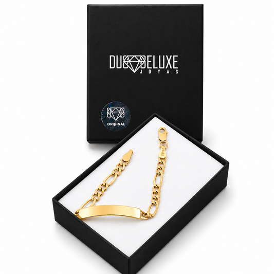 Niño | Pulsera Esclava Tejido Figaro 3:1 Lisa 4 mm, Para Niño, De Plata Autentica Ley .925 Con Baño De Oro Italiano 24k, Con Grabado, DUO DELUXE JOYAS