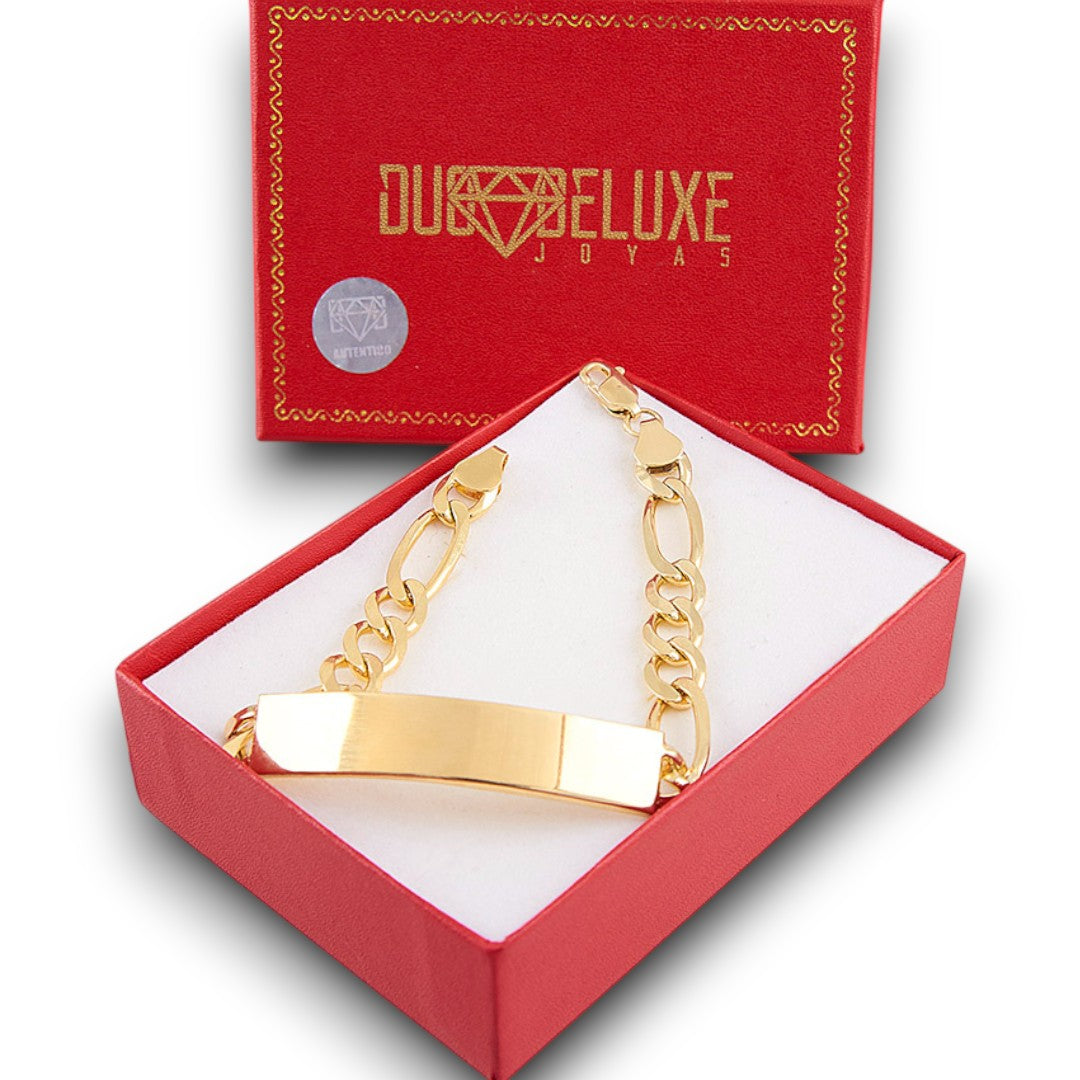 Unisex | Esclava Tejido Cartier Figaro 3:1 Lisa 8 mm, Pulsera Para Hombre Y Mujer, De Plata Autentica Ley .925 Con Baño De Oro Italiano 24k, Con Grabado, DUO DELUXE JOYAS