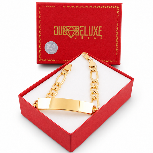 Unisex | Esclava Tejido Figaro 3:1 Lisa 8 mm, Pulsera Para Hombre Y Mujer, De Plata Autentica Ley .925 Con Baño De Oro Italiano 24k, Con Grabado, DUO DELUXE JOYAS