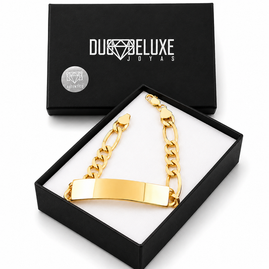Unisex | Esclava Tejido Figaro 3:1 Lisa 8 mm, Pulsera Para Hombre Y Mujer, De Plata Autentica Ley .925 Con Baño De Oro Italiano 24k, Con Grabado, DUO DELUXE JOYAS