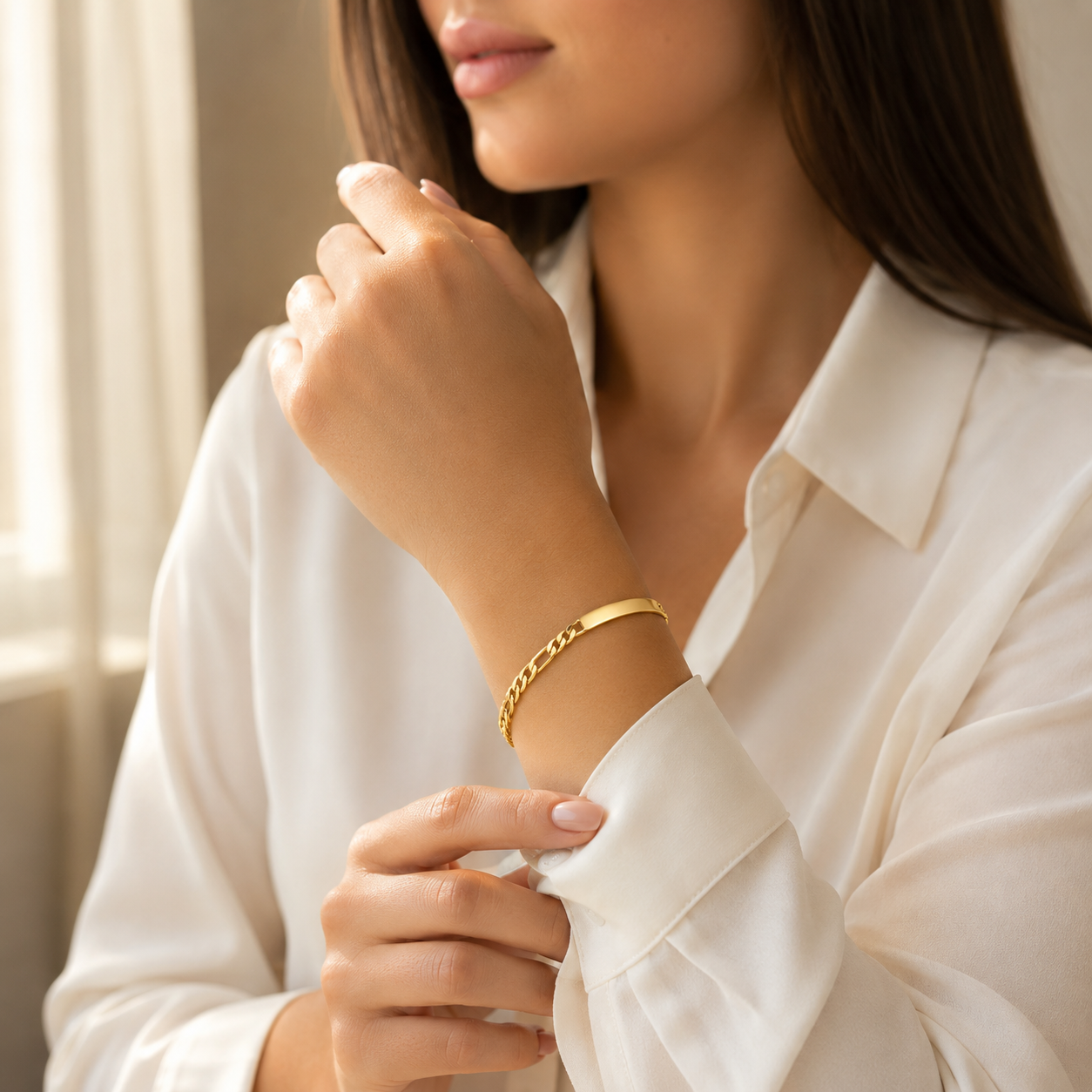 Mujer | Esclava Tejido Figaro 3:1 Lisa 4 mm, Pulsera Para Dama De Chapa de Oro 18k Premium, Con Grabado, DUO DELUXE JOYAS