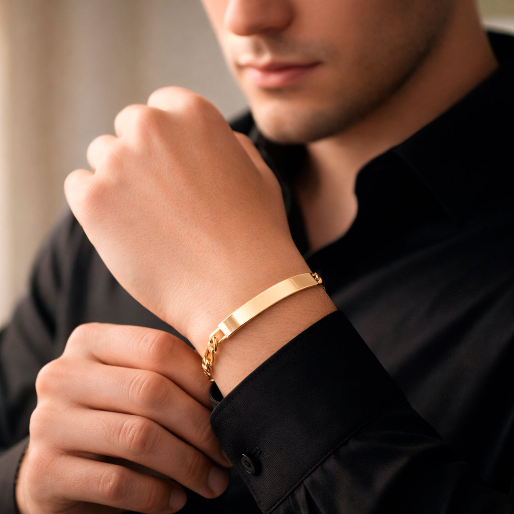 Hombre | Esclava Tejido Figaro 3:1 Lisa 5 mm, Pulsera Para Hombre De Chapa de Oro 18k Premium, Con Grabado, DUO DELUXE JOYAS