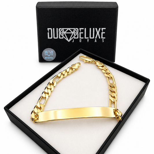 Hombre | Esclava Tejido Figaro 3:1 Lisa 6 mm, Pulsera Para Hombre De Chapa de Oro 18k Premium, Con Grabado, DUO DELUXE JOYAS
