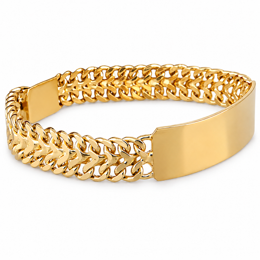 Unisex | Esclava Tejido Cubana Petatillo 10 mm, Pulsera Para Hombre Y Mujer, De Plata Autentica Ley .925 Con Baño De Oro Italiano 24k, Con Grabado, DUO DELUXE JOYAS