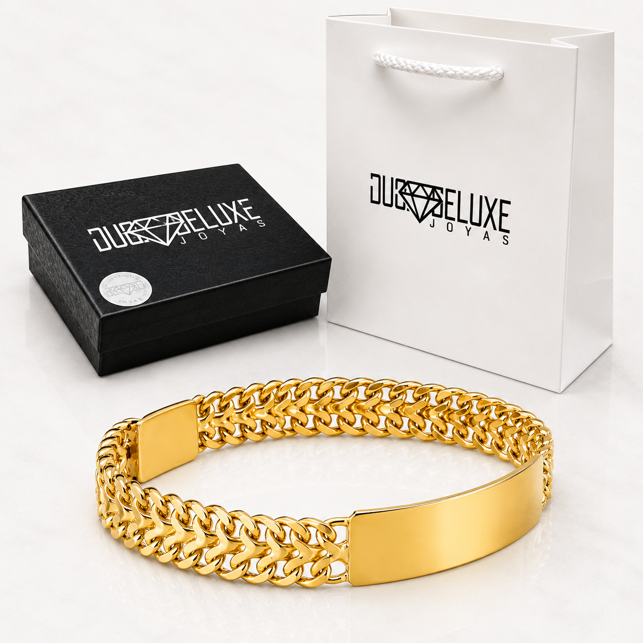 Unisex | Esclava Tejido Cubana Petatillo 10 mm, Pulsera Para Hombre Y Mujer, De Plata Autentica Ley .925 Con Baño De Oro Italiano 24k, Con Grabado, DUO DELUXE JOYAS