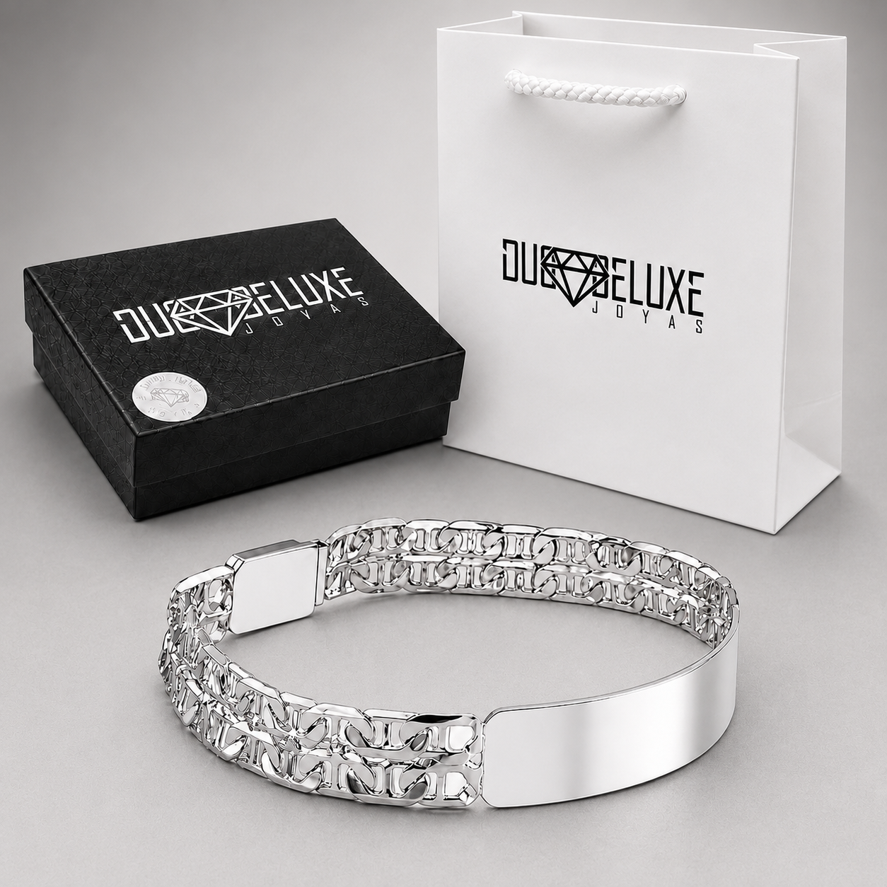 Unisex | Esclava Tejido Imperial Elegante Doble Eslabón 10 mm, Pulsera Para Hombre Y Mujer, De Plata Autentica Ley .925, Con Grabado, DUO DELUXE JOYAS