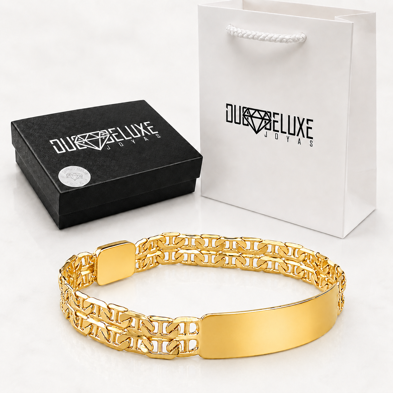 Unisex | Esclava Tejido Imperial Elegante Doble Eslabon 10 mm, Pulsera Para Hombre Y Mujer, De Plata Autentica Ley .925 Con Baño De Oro Italiano 24k, Con Grabado, DUO DELUXE JOYAS