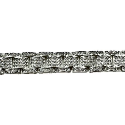 Unisex | Pulsera Tejido Rolex Diamantada Completa Con Zirconias - 12 mm – Plata Ley .925