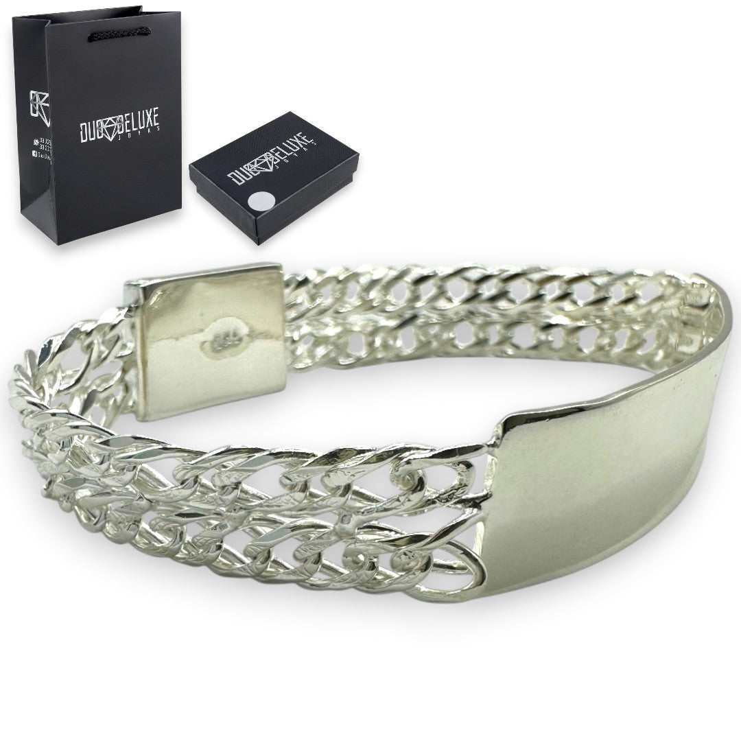 Unisex | Esclava Tejido Cubana Rombo Doble Eslabón 11 mm, Pulsera Para Hombre Y Mujer, De Plata Autentica Ley .925, Con Grabado, DUO DELUXE JOYAS