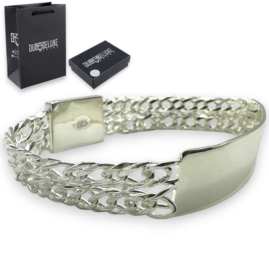 Unisex | Esclava Tejido Cubana Rombo Doble Eslabón 11 mm, Pulsera Para Hombre Y Mujer, De Plata Autentica Ley .925, Con Grabado, DUO DELUXE JOYAS