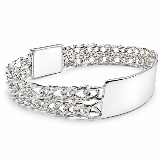 Unisex | Esclava Tejido Cubana Rombo Doble Eslabón 11 mm, Pulsera Para Hombre Y Mujer, De Plata Autentica Ley .925, Con Grabado, DUO DELUXE JOYAS