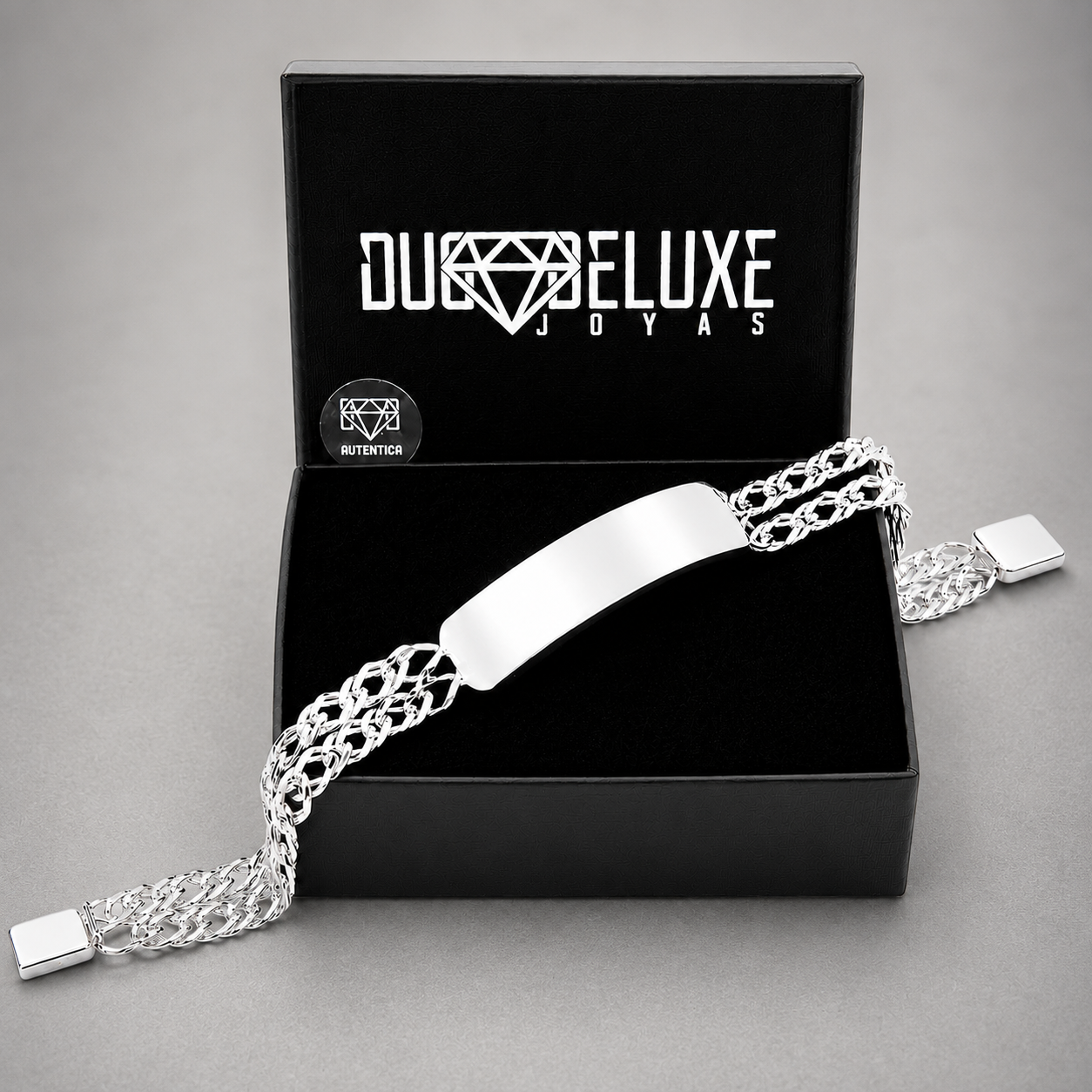 Unisex | Esclava Tejido Cubana Rombo Doble Eslabón 11 mm, Pulsera Para Hombre Y Mujer, De Plata Autentica Ley .925, Con Grabado, DUO DELUXE JOYAS
