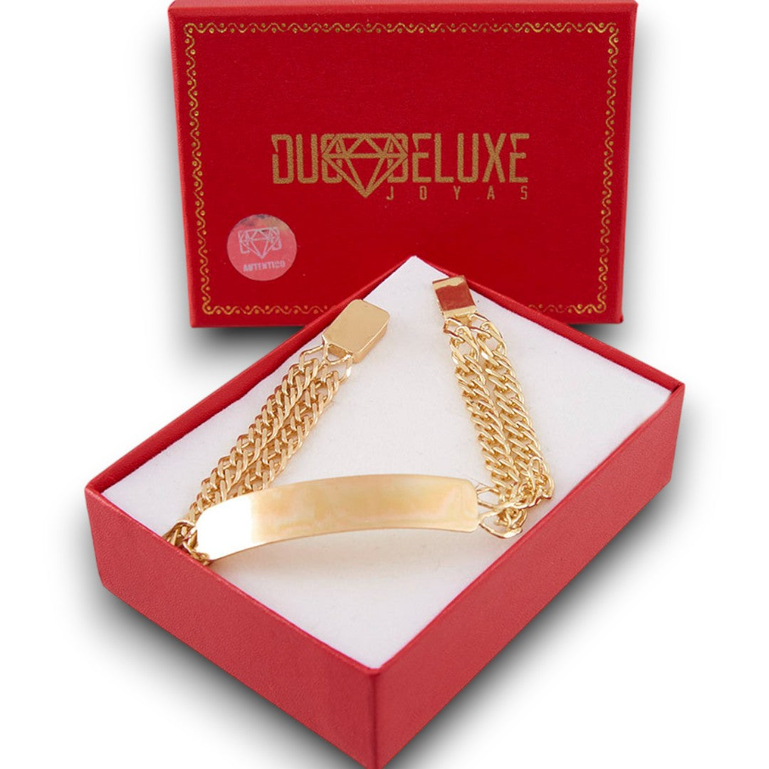 Unisex | Esclava Tejido Cubana Doble Rombo Doble Eslabon 11 mm, Pulsera Para Hombre Y Mujer, De Plata Autentica Ley .925 Con Baño De Oro Italiano 24k, Con Grabado, DUO DELUXE JOYAS
